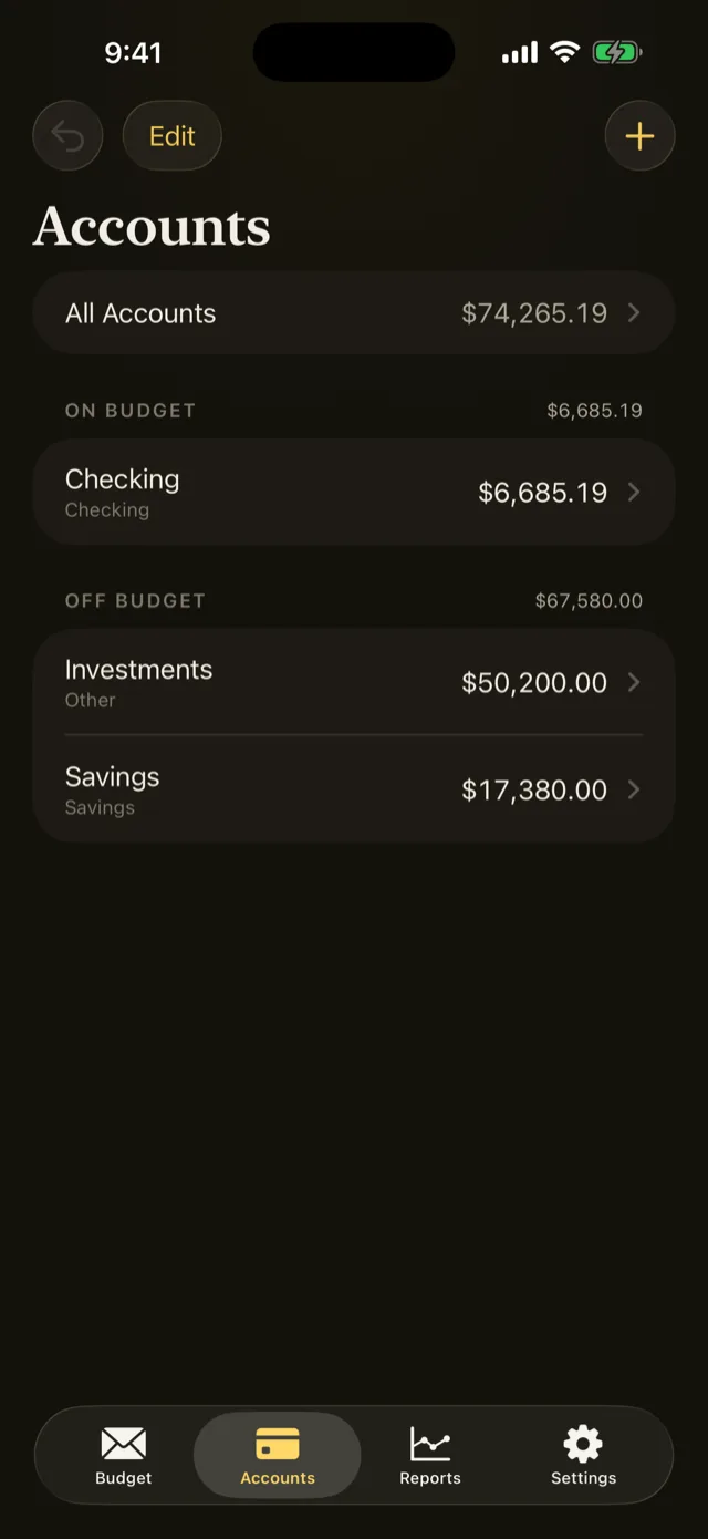 The accounts list with on-budget and off-budget accounts and their balances.