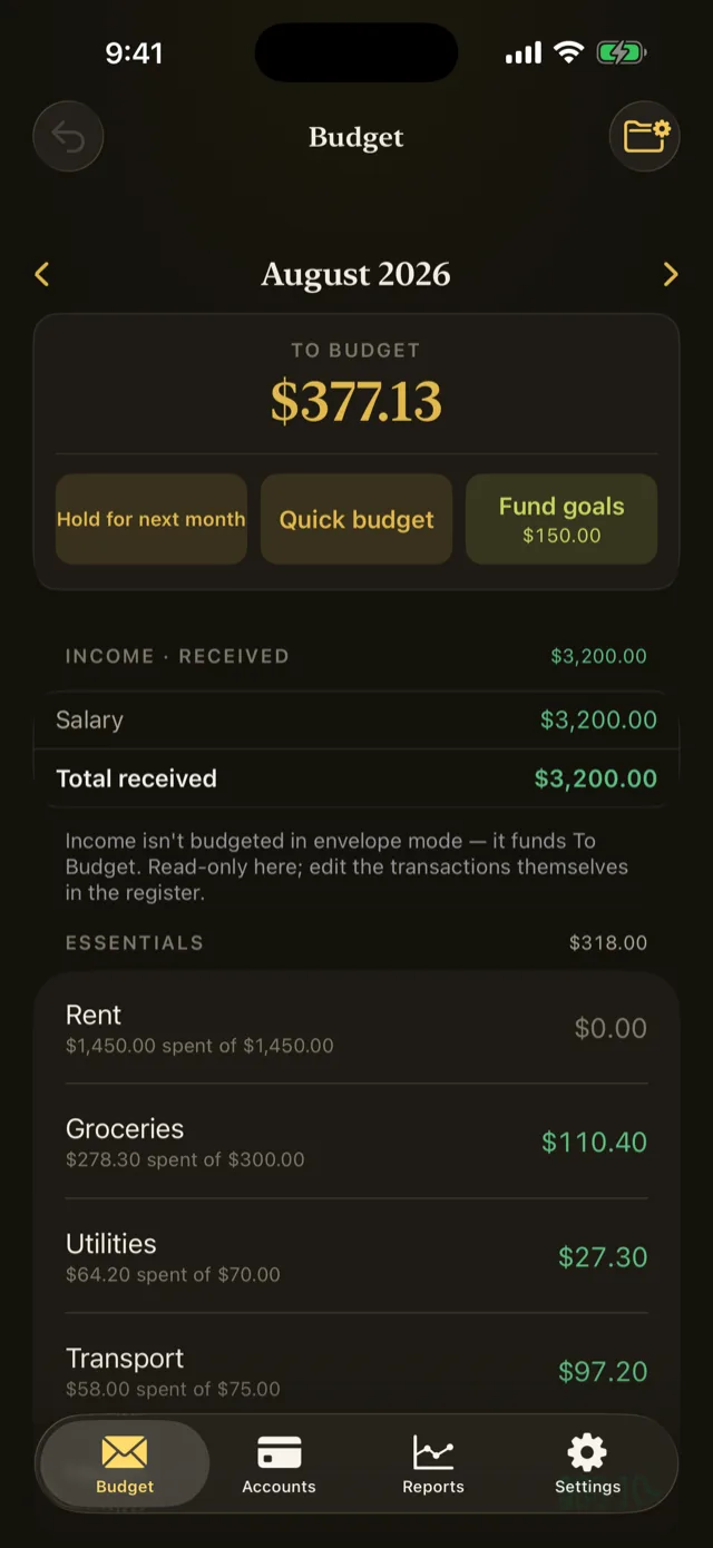 The Pentos budget screen showing To Budget at the top and categories with amounts remaining.