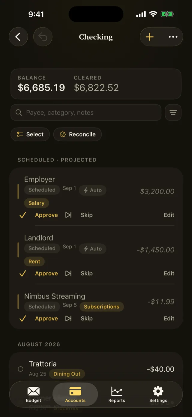 The transaction register listing payees, categories and running balances.