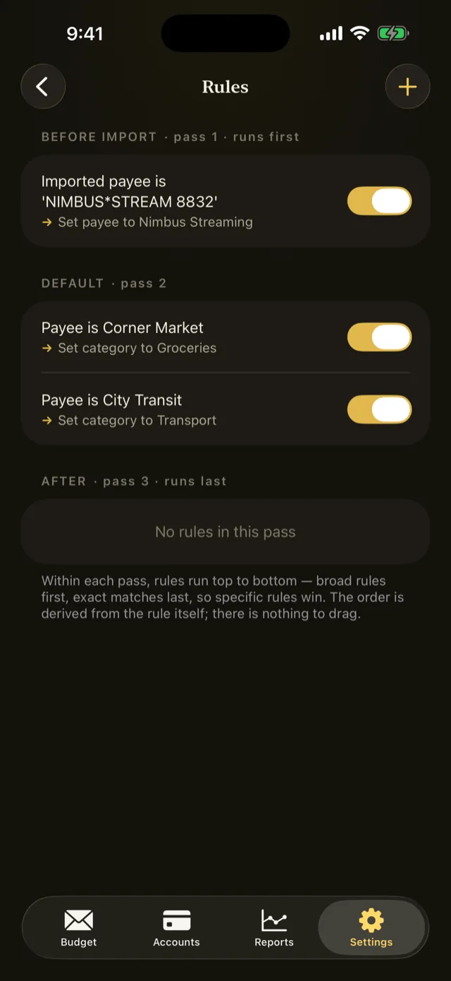 The rules screen showing match conditions and the actions they apply.