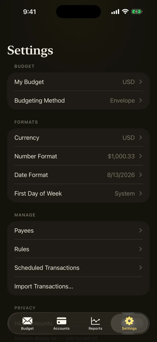 Settings, including backup, export and the budget file options.